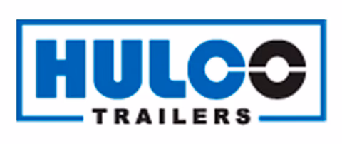 Hulo Trailers Logo mit blauem Text und schwarzem Kreis auf weißem Hintergrund in blauem Rahmen.