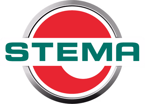 STEMA Logo mit rotem Kreis, grünem Schriftzug und silbernem Rahmen auf schwarzem Hintergrund.
