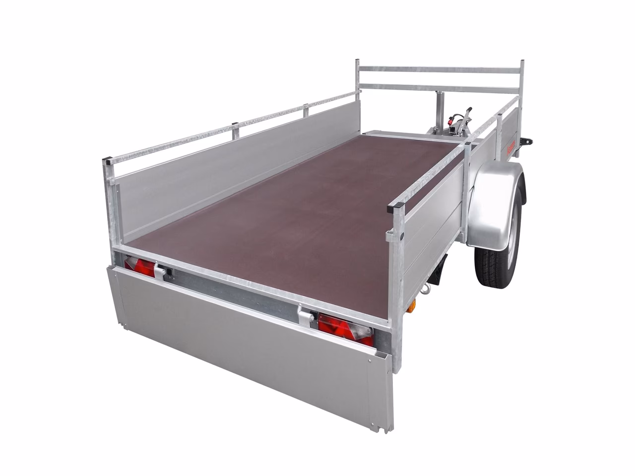 Aluminium-Anhänger mit brauner Ladefläche, Seitengittern und roten Rückleuchten.