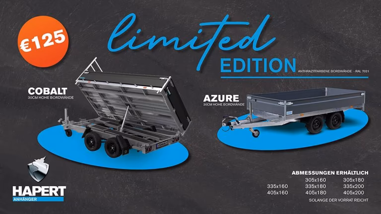 Limited Edition Anhänger von Hapert: Cobalt und Azure Modelle mit Abmessungen und €125 Preis auf grauem Hintergrund.