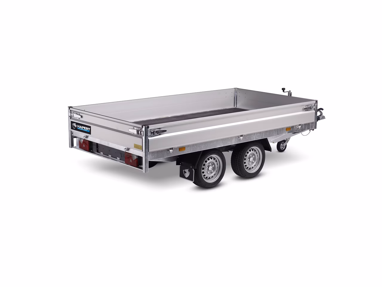 Hapert Aluminium-Anhänger mit offener Ladefläche, Doppelachse und Bordwänden.