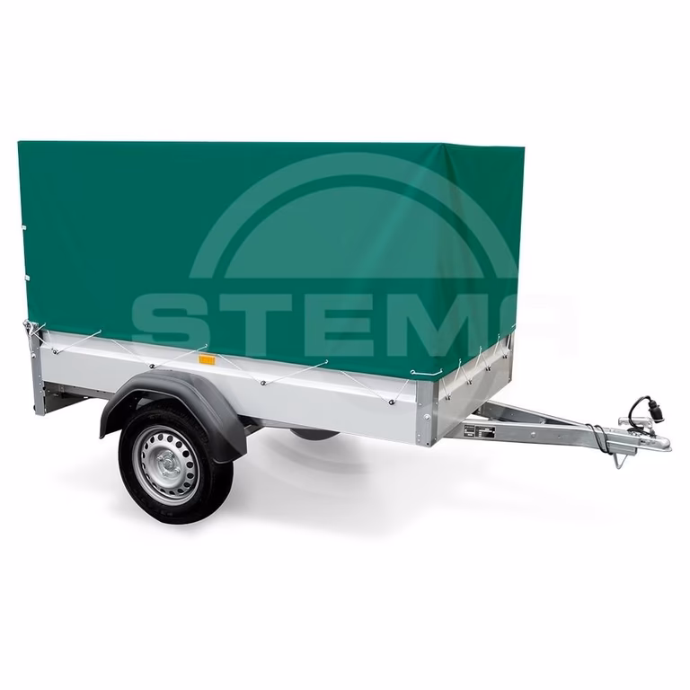 Grüner Anhänger mit Plane auf silbernem Rahmen und schwarzem Rad, STEM-Logo sichtbar.