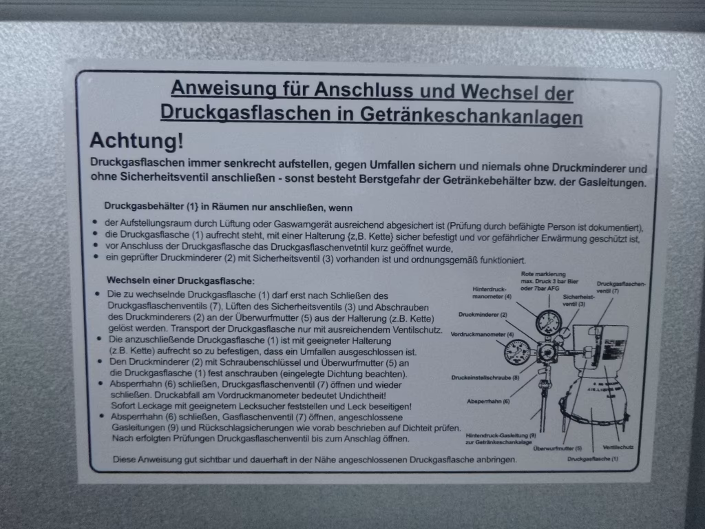 Anweisung für Anschluss und Wechsel von Druckgasflaschen in Getränkeschankanlagen mit Sicherheitshinweisen und technischem Di